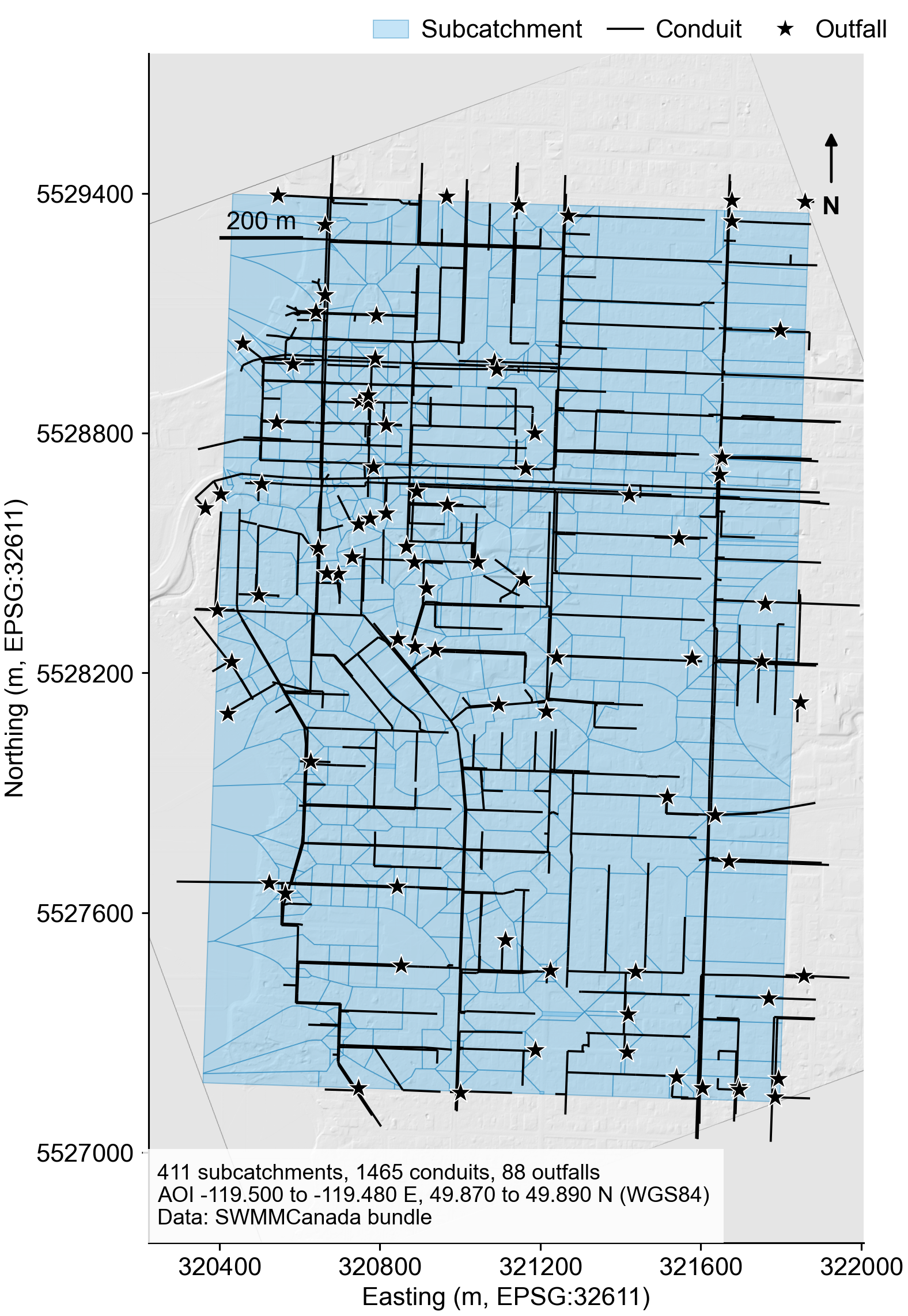 Kelowna study area with 411 derived subcatchments over the combined storm and sanitary networks; only the storm system is simulated