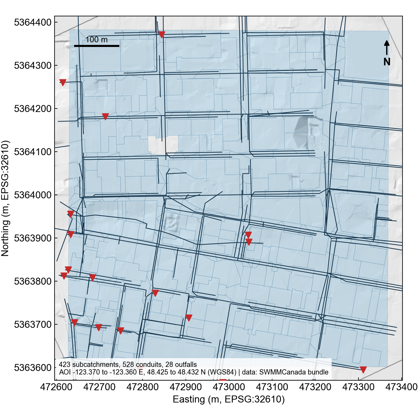 Downtown Victoria study area fetched from SWMMCanada: DEM hillshade, subcatchments, conduits and outfalls